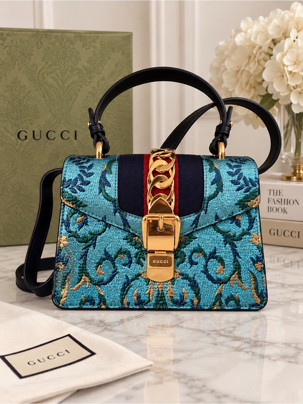 GUCCI Sylvie Mini Floral Brocade Top Handle Bag โ Azure Blue